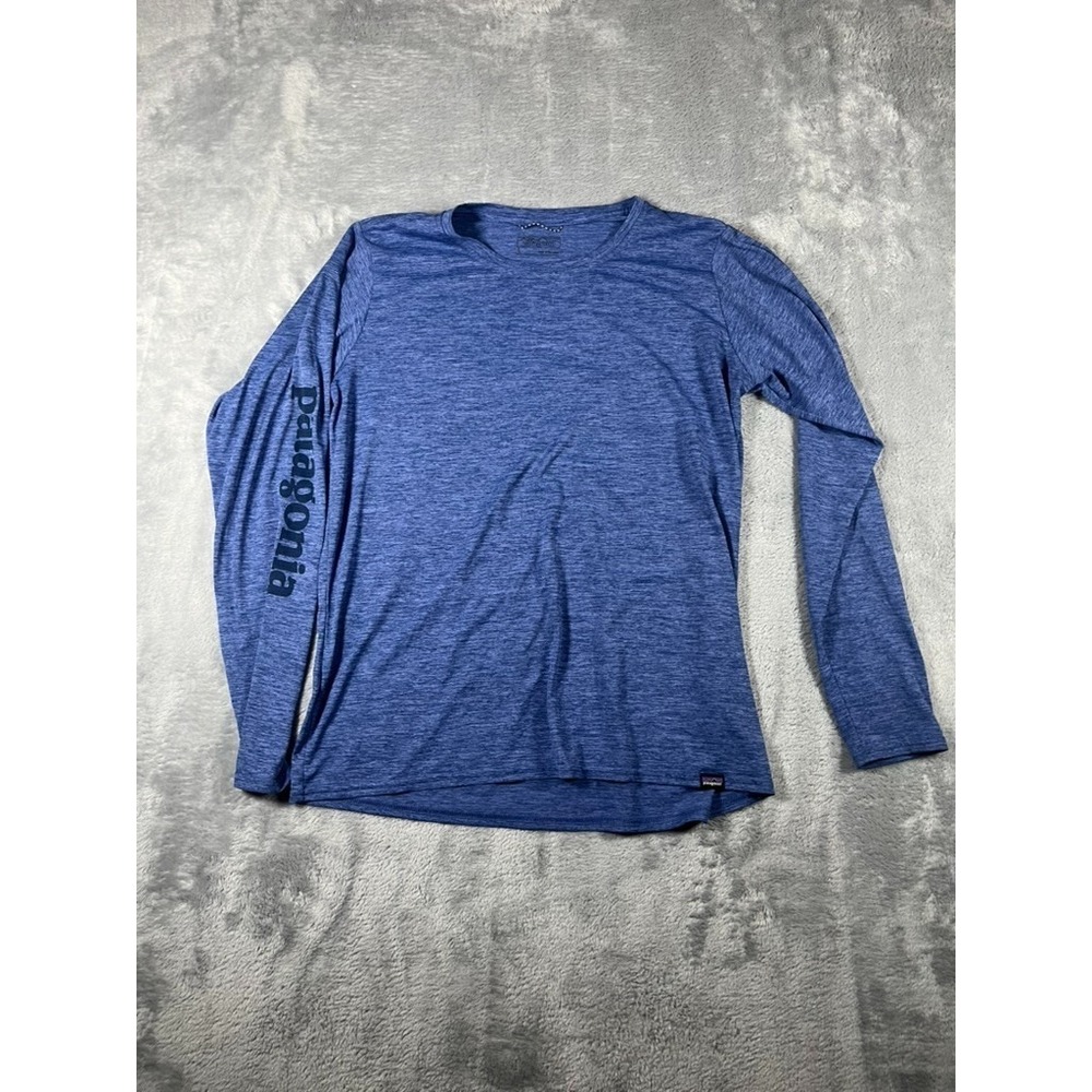 Patagonia Capilene Mens Long Sleeve Shirt Blue Logo Sleeve Sz L